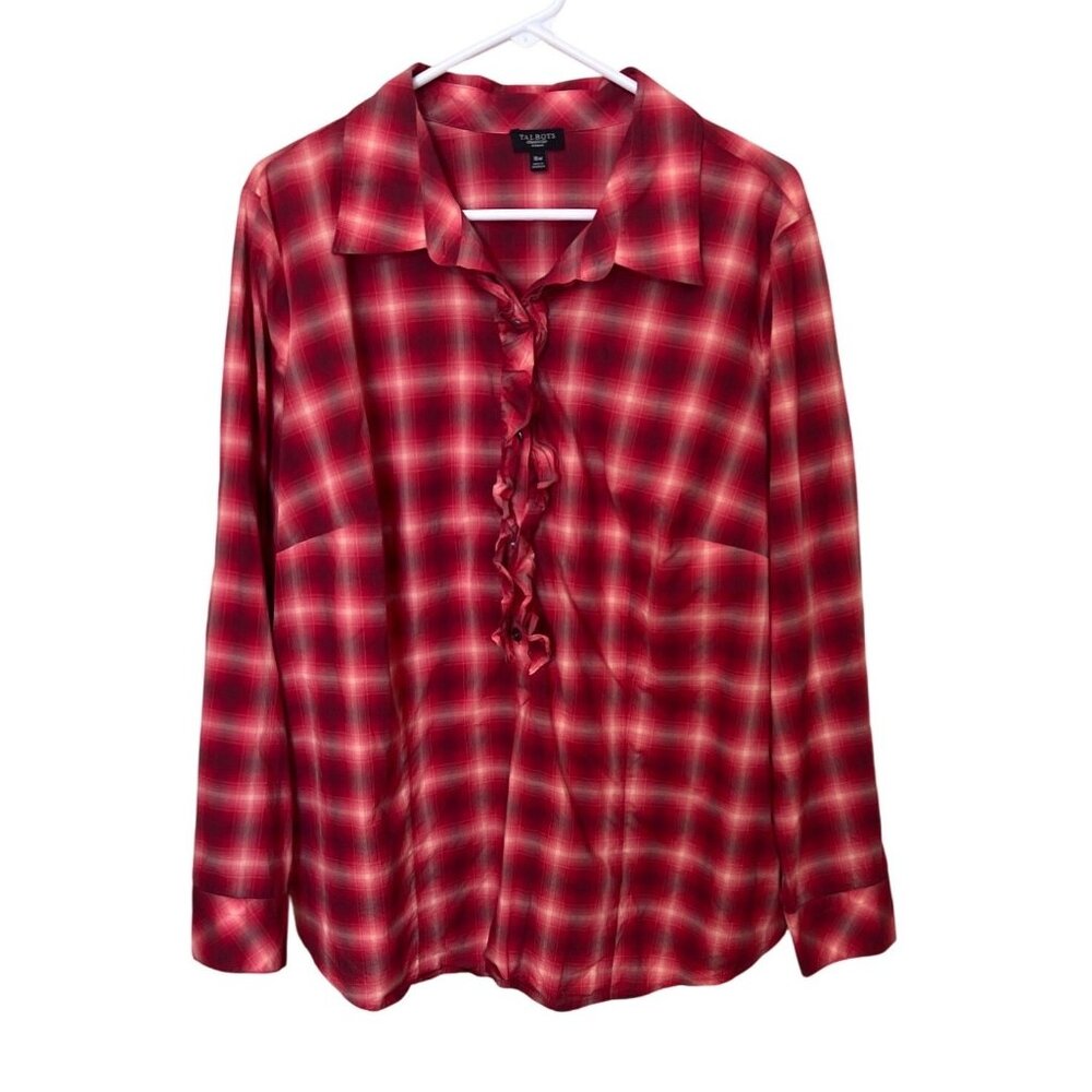 Talbots Womens Red Plaid Ruffle Front‎ Blouse 16W